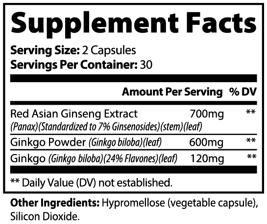 Ginkgo Biloba + Red Ginseng - Vegan, Non-GMO, Gluten-Free 60ct