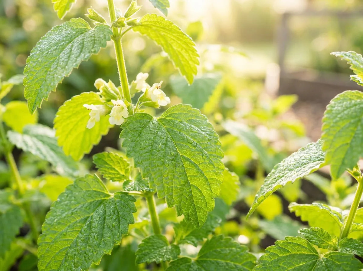 Lemon balm leaves in a sunlit herb garden
