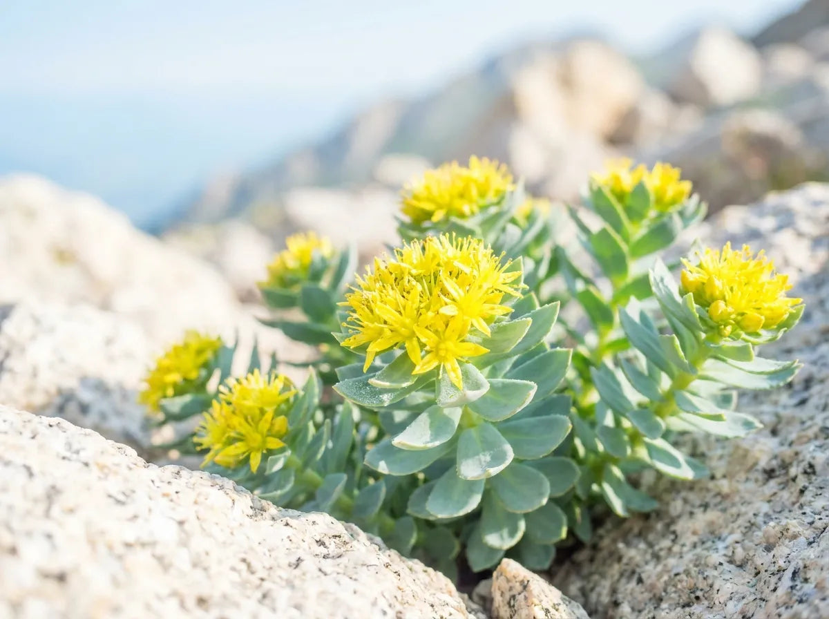 Rhodiola rosea in flower on alpine scree