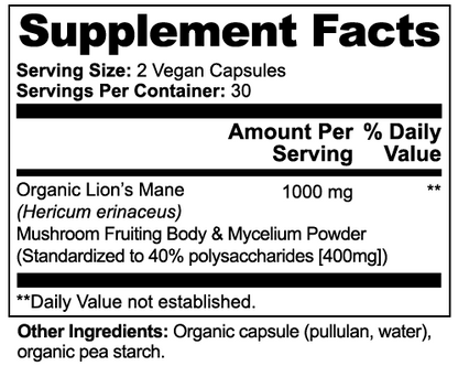 Premium Lion's Mane Extract - 40% Polysaccharides - 60ct