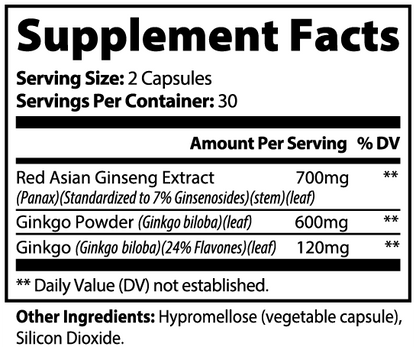 Ginkgo Biloba + Red Ginseng - Vegan, Non-GMO, Gluten-Free 60ct