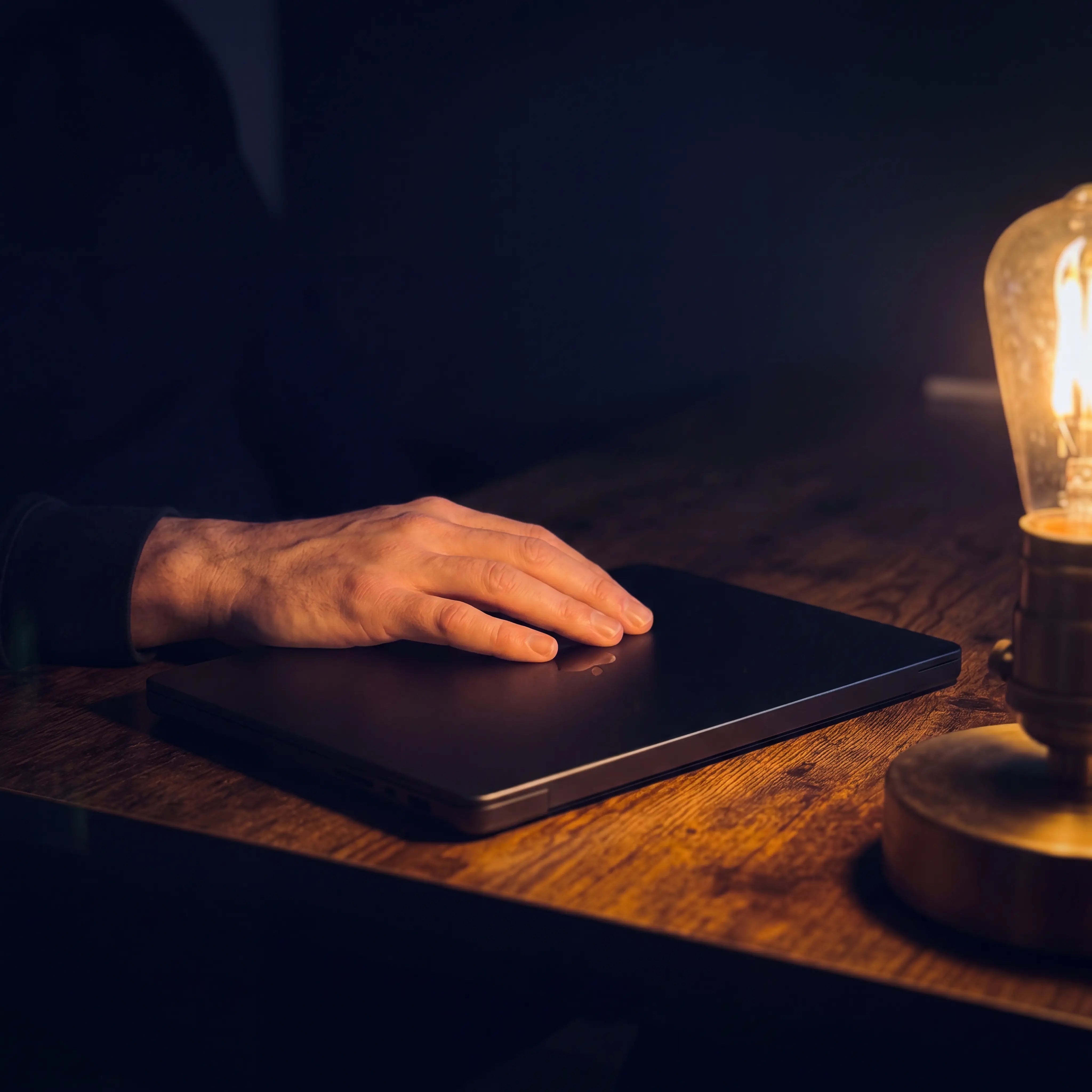 A hand resting on a closed laptop in warm evening lamplight
