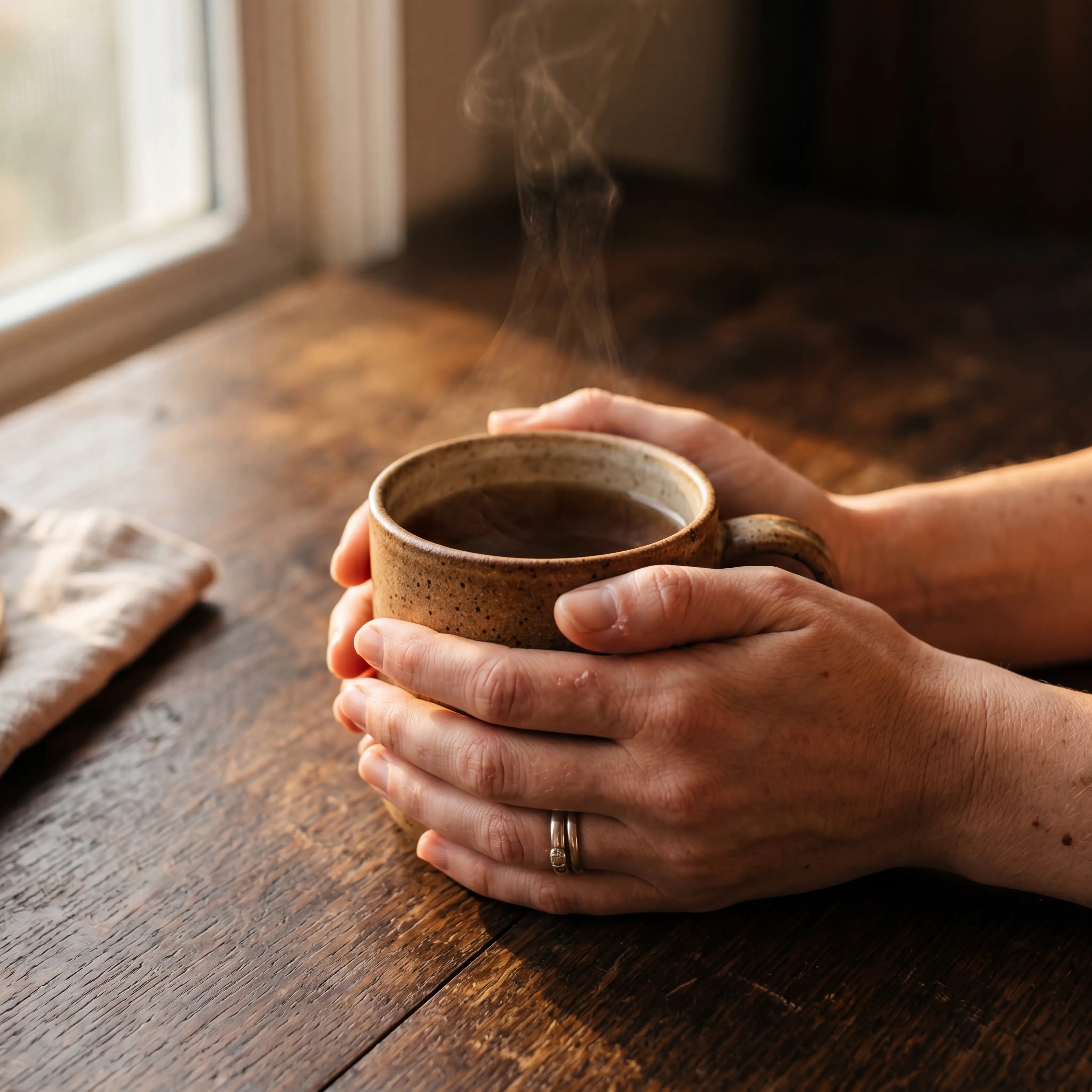 Hands cradling a warm morning mug — a calm start to the day
