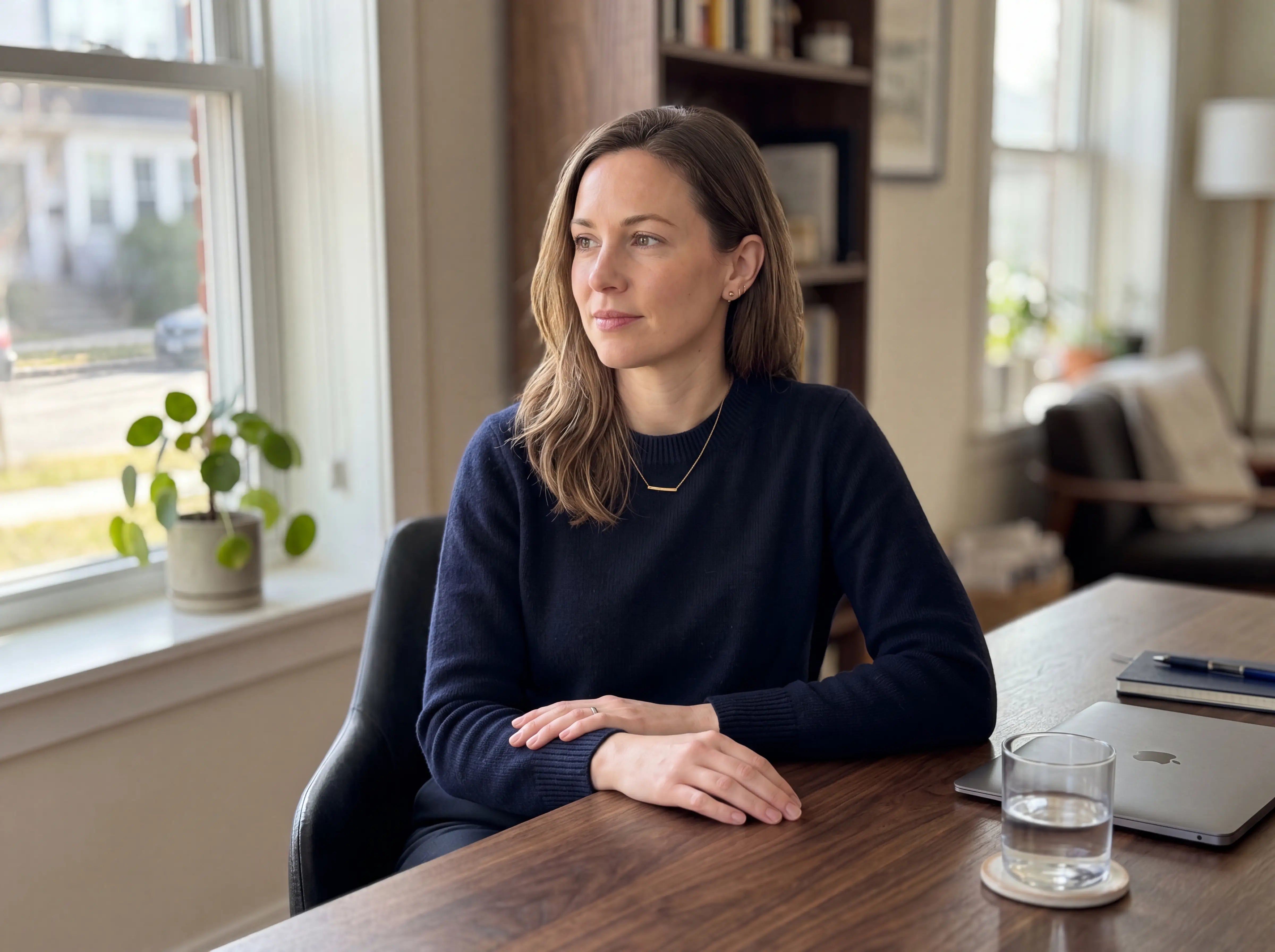 A professional staying calm and clear-headed at her desk — Alpha Serenity
