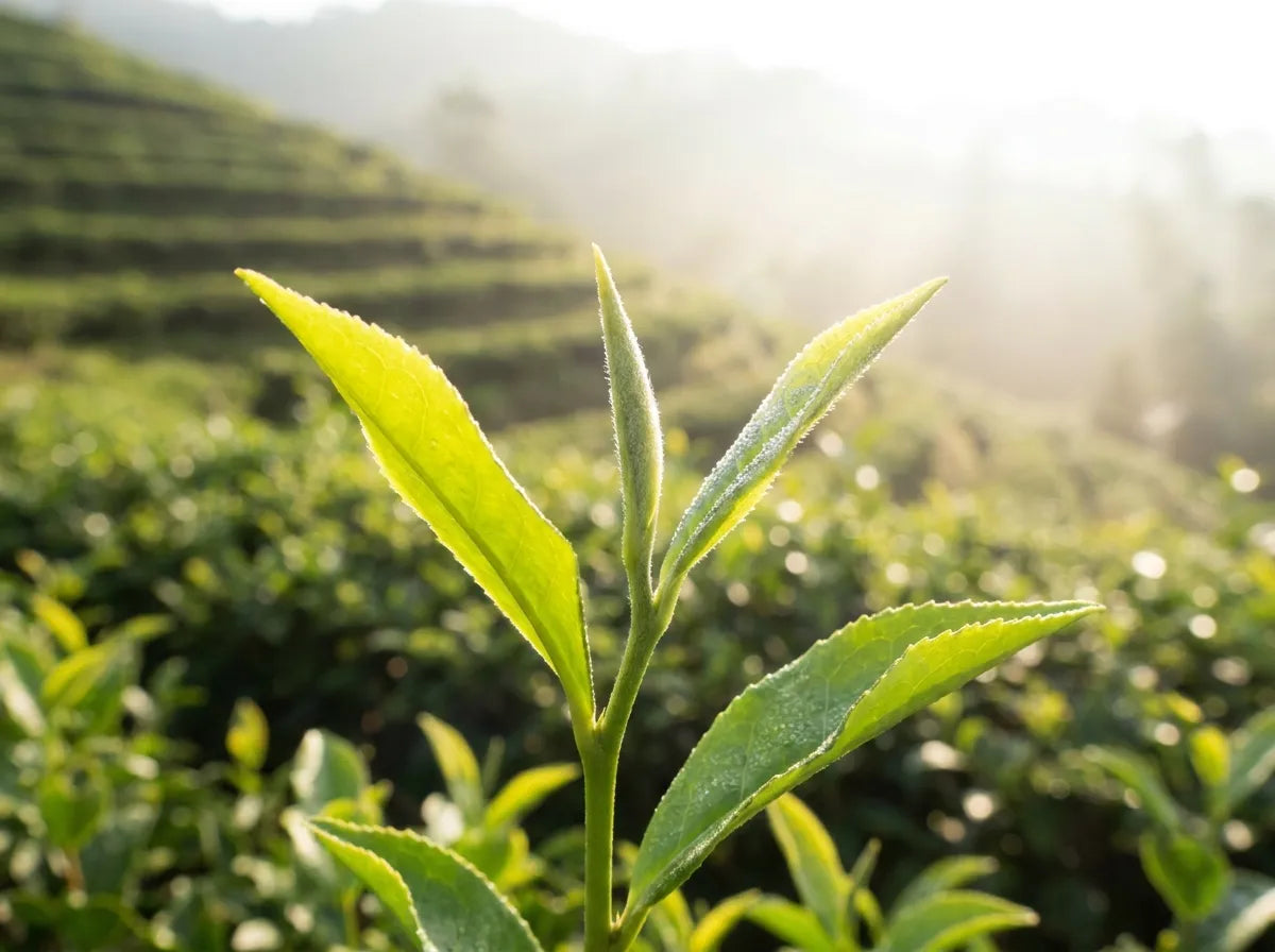 Young tea leaves on a Camellia sinensis bush