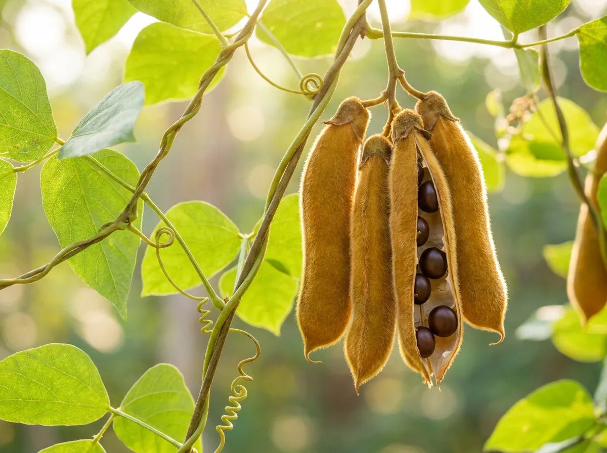 Mucuna pruriens velvet bean pods on the vine