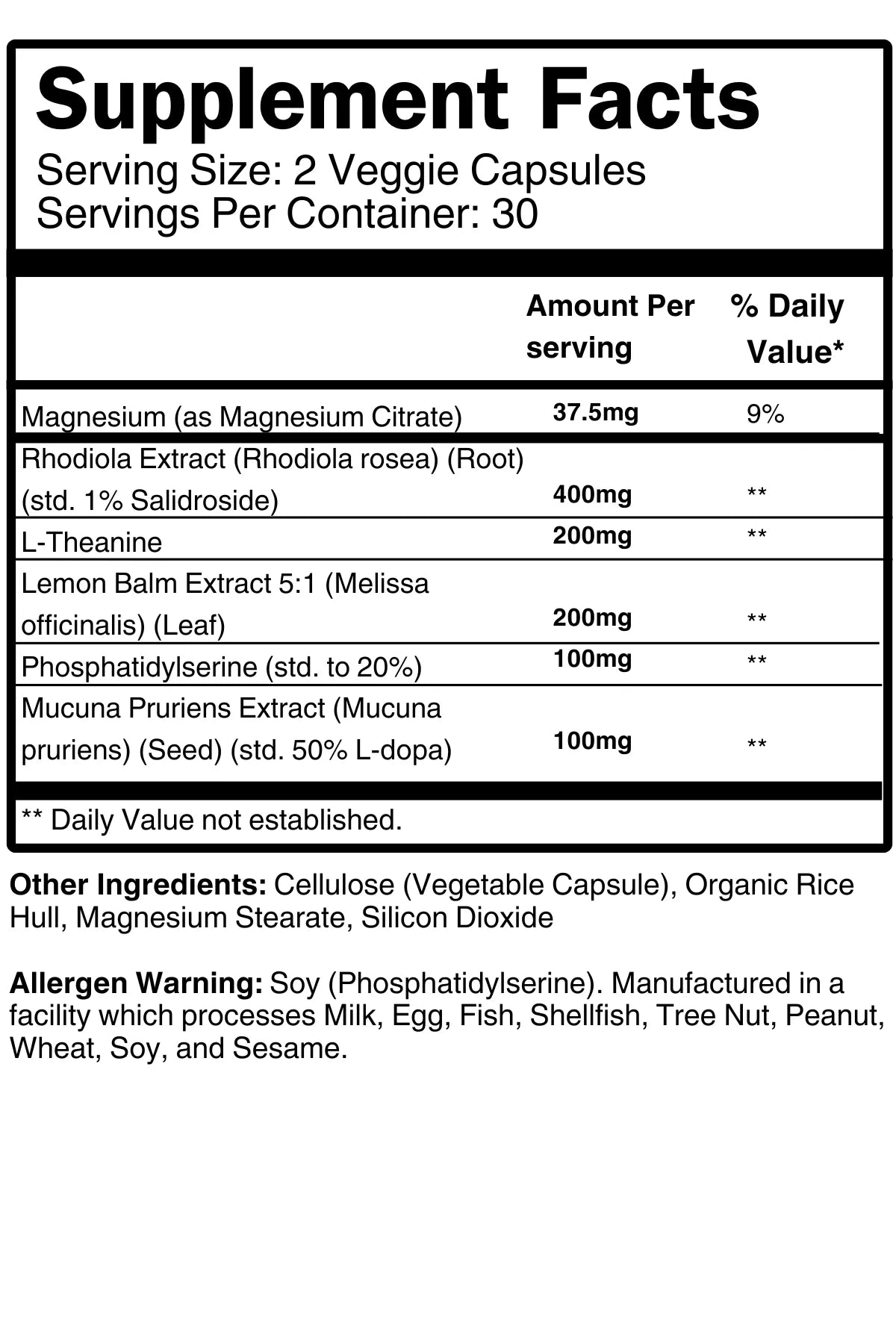 Alpha Serenity supplement facts panel