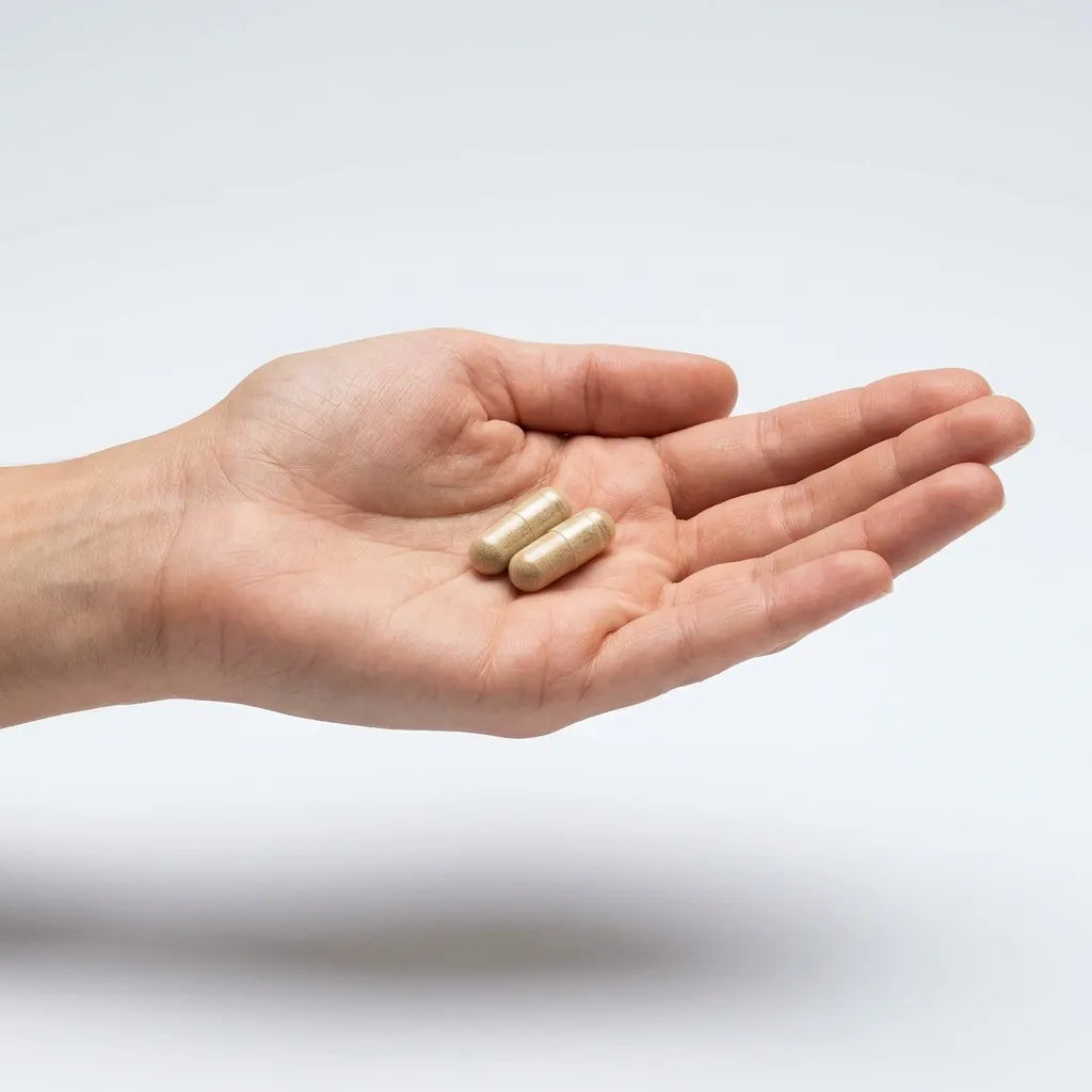 Two Alpha Serenity capsules held in an open palm