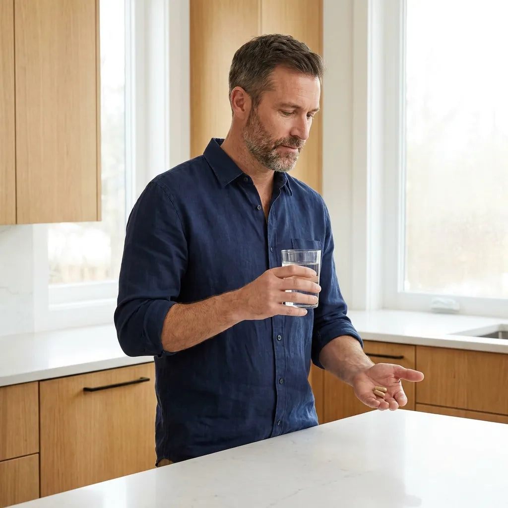 A man taking two Alpha Serenity capsules with a glass of water
