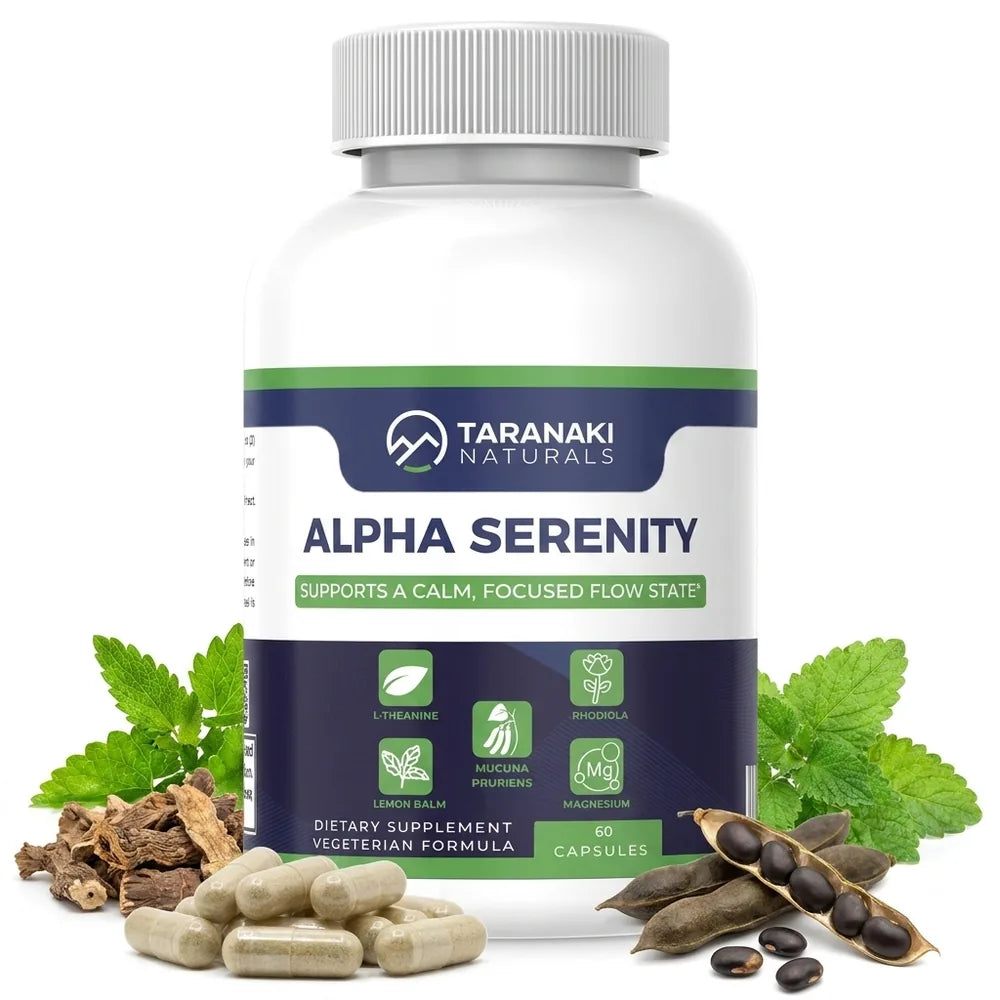 Alpha Serenity bottle with lemon balm, rhodiola, and mucuna botanicals